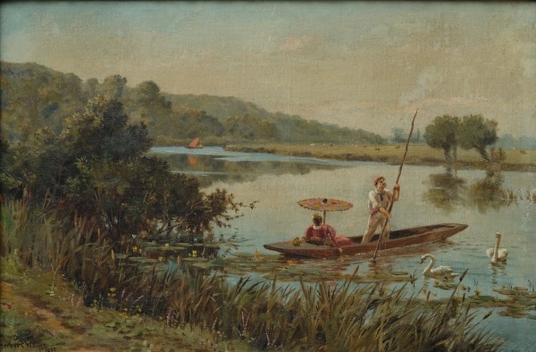 Wailis, Herbert (19. Jahrhundert) Paar im Stechkahn treibend, 1895, Öl auf Leinwand.