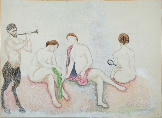 Werneke, Franz (1906-1989) Satyr mit drei Damen, Aquarell über Bleistift auf Papier.